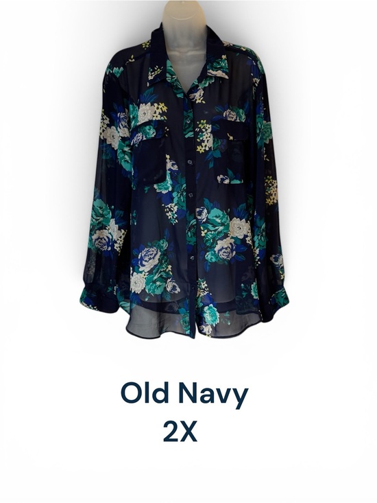 Old Navy Tops - Old Navy Navy Floral Sheer Button-Up Blouse  PLUS: 2X    #N